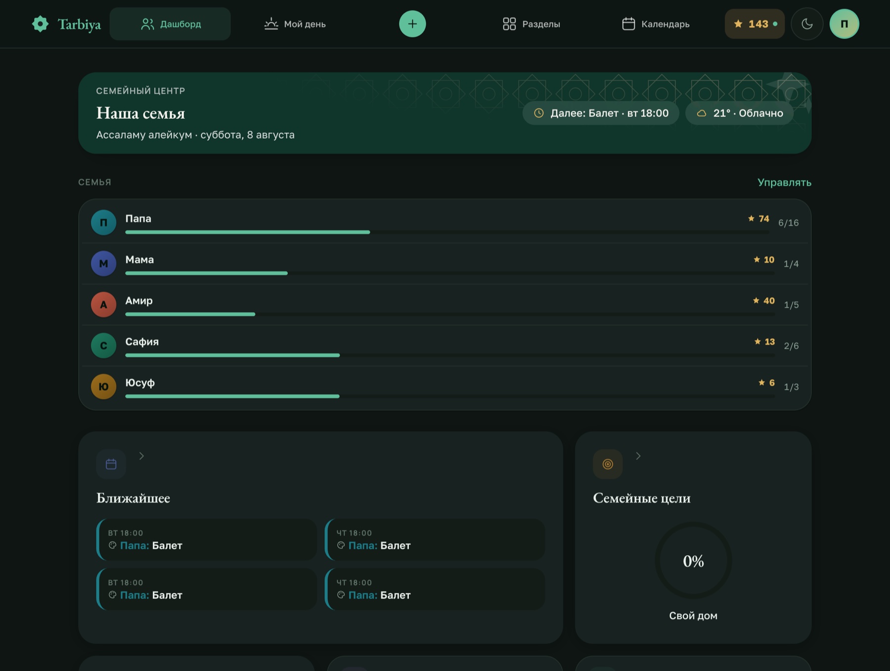 The family dashboard on a tablet